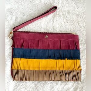 NWOT Tory Burch Burgundy Colorblock Suede Fringe Clutch with Dust Bag